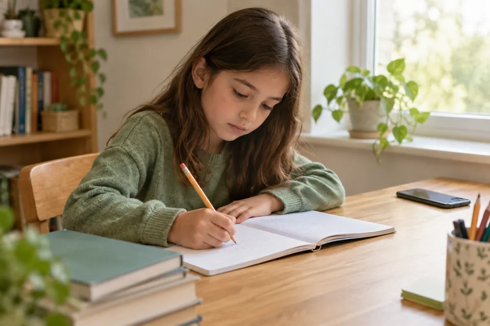 Una niña haciendo la tarea en un escritorio, con el teléfono boca abajo y sin interrupciones