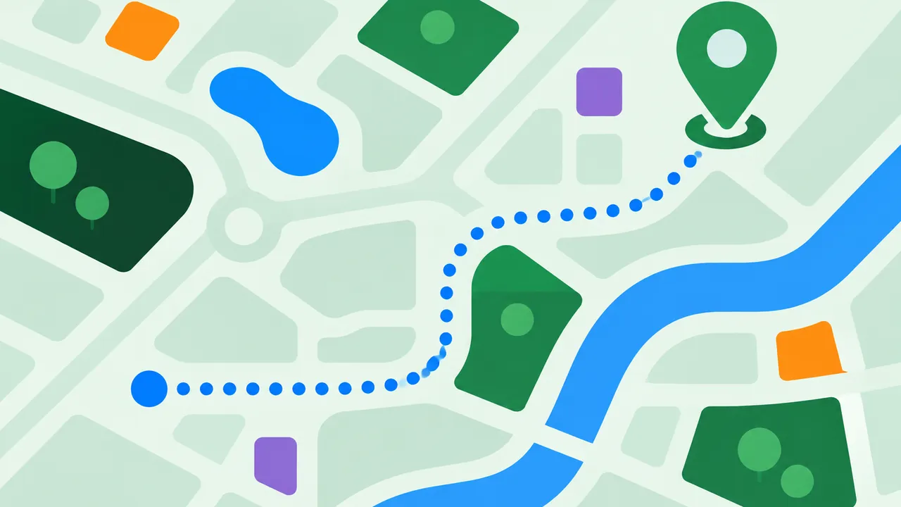 Mapa abstracto con una ruta que lleva a un marcador de ubicación verde