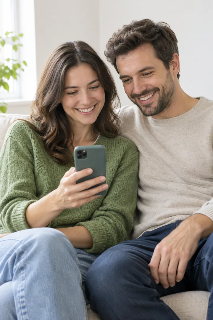 Una madre y un padre sentados juntos en un sofá, sonriendo mientras miran un teléfono